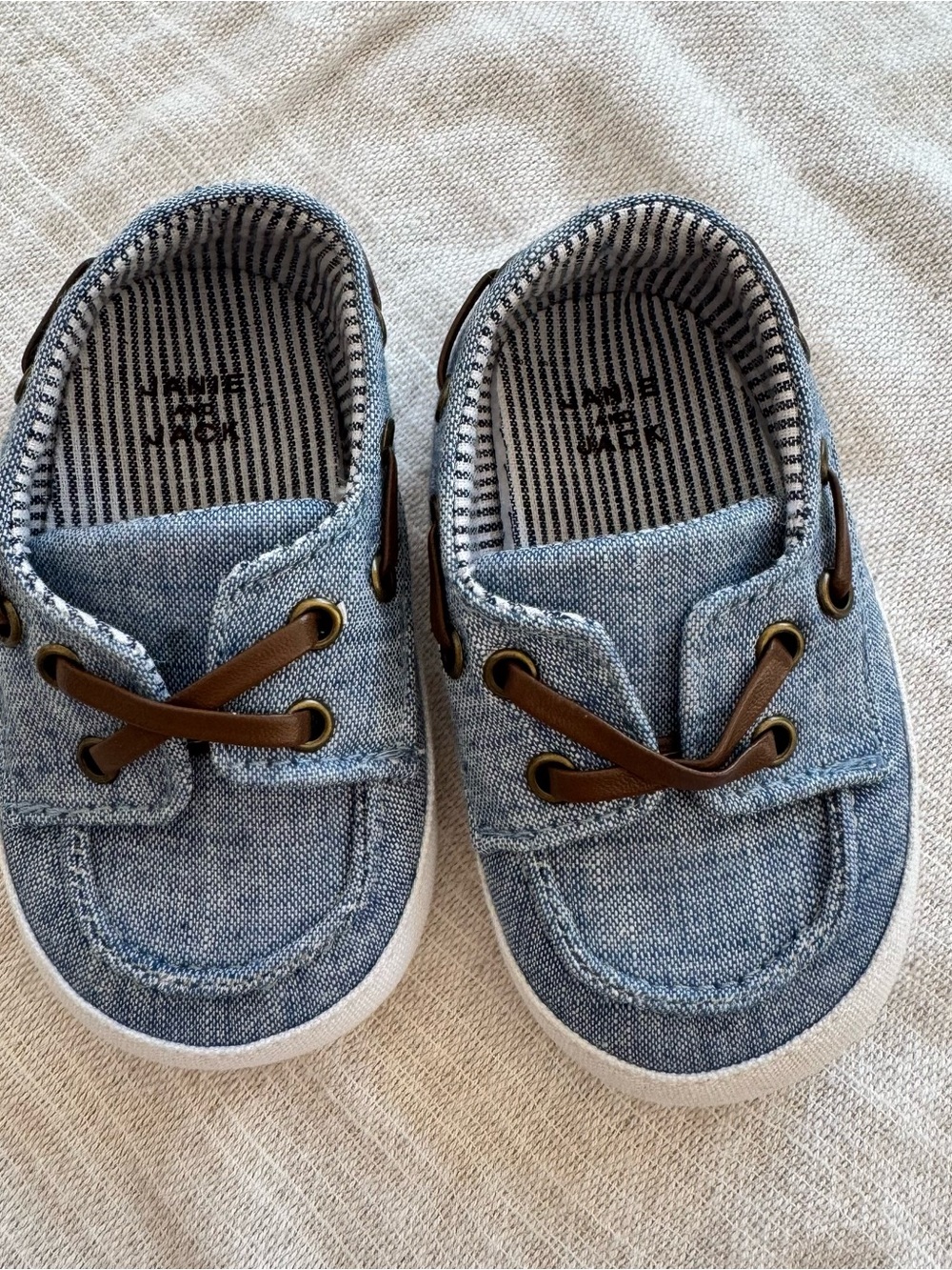 Janie and Jack Light Blue Denim-Look Slip-On Sneakers with Brown Accents